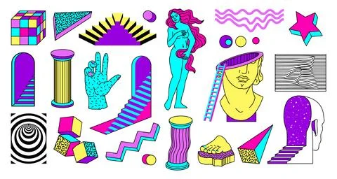 Cool sculpture stickers, statue elements. Crazy funny artwork, trippy and Stock Illustration