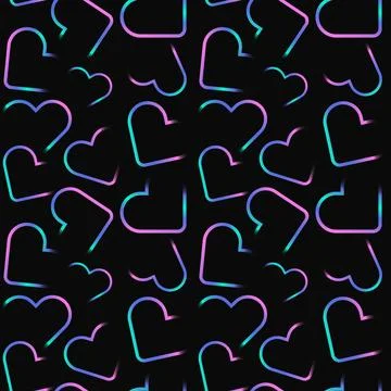Cool seamless pattern with bright neon hearts isolated on black background Stock Illustration