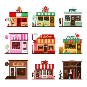 Cool set of detailed flat design city public buildings Stock Illustration
