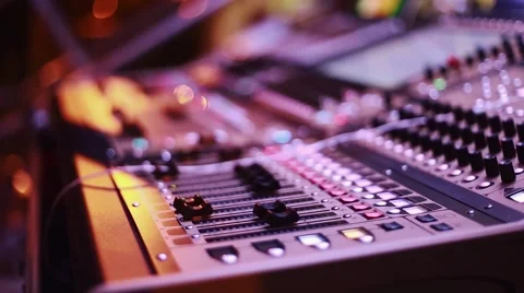 Cool shot of Digital Audio Console by stage during performance Stock Footage 47828060