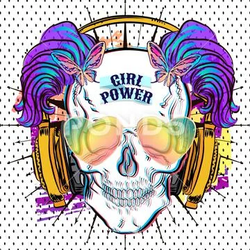 Cool skull print. Punk t-shirt for girl. Skull with tied bows. Stock Illustration