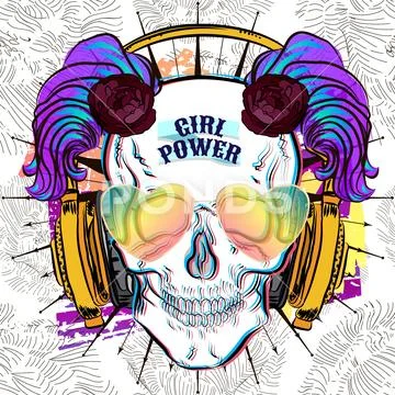 Cool skull print. Punk t-shirt for girl. Skull with tied bows. Vector comic Stock Illustration