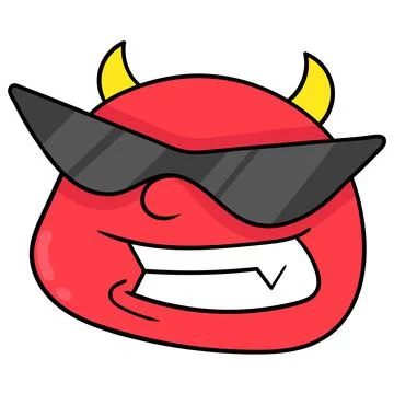 Cool stylish horned red devil head wearing sunglasses, doodle icon drawing Stock Illustration