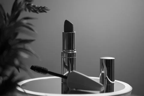 Cool stylish view of basic makeup tools mascara and lipstick closeup monochrome Stock Photos
