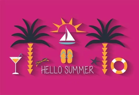 Cool summer background with palm tree, sunglasses, cocktail and flip flops Stock Illustration