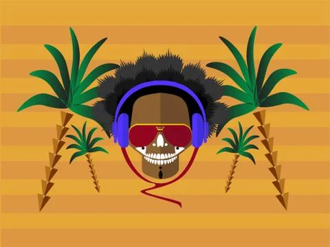 Cool summer background with skull icon head and headphones Illustration