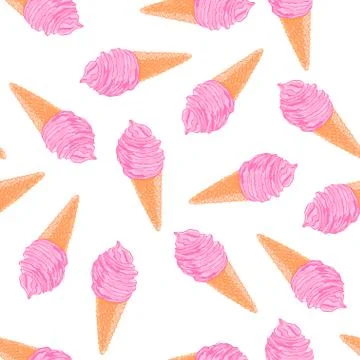 Cool summer seamless pattern with sketch berry ice cream cones. Illustrazione stock