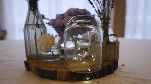 Cool table decoration at the event. In the middle of the table Stock Footage 220151601