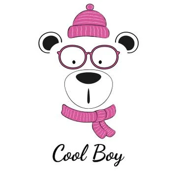 Cool teddy bear boy with in glasses and winter hat isolated on white background. Stock Illustration