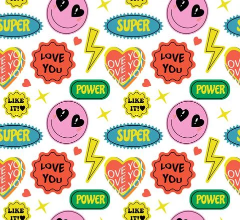 Cool Trendy Abstract seamless pattern with Stickers, Pins, Patches and Badges イラスト素材