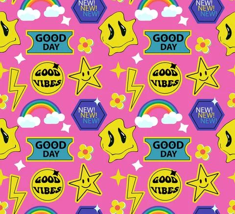 Cool Trendy Abstract seamless pattern with Stickers, Pins, Patches and Badges Illustrazione stock