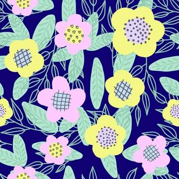 Cool trendy pattern with flowers. Bright yellow and pink flowers on a dark bl Stock Illustration