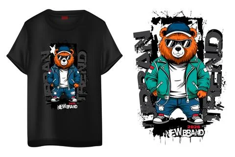 Cool Urban Bear Wearing Jacket and Sunglasses Streetwear T-Shirt Design Illustrazione stock