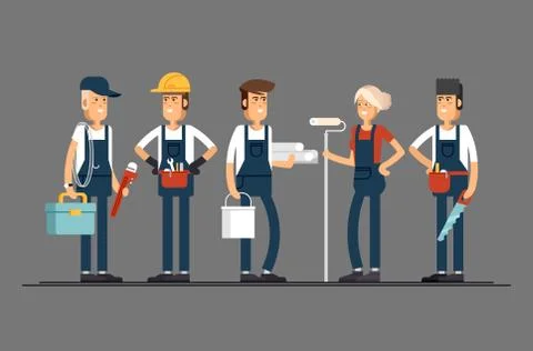 Cool vector concept layout on construction team characters Stock Illustration