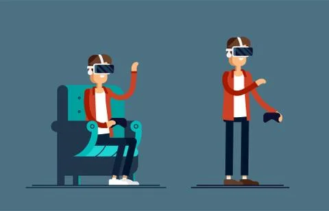 Cool vector concept on virtual reality headset in use. Guy experiences full Stock Illustration