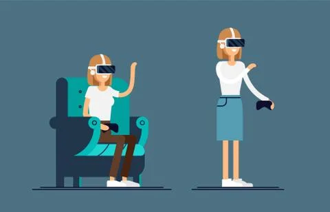 Cool vector concept on virtual reality headset in use. Girl experiences full Stock Illustration