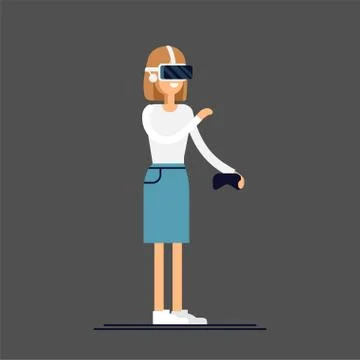 Cool vector concept on virtual reality headset in use. Girl experiences full Stock Illustration