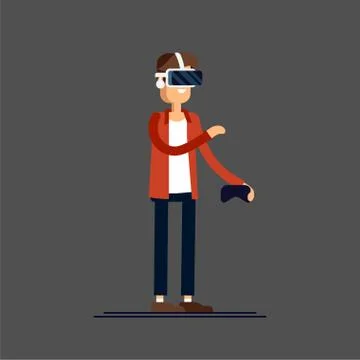 Cool vector concept on virtual reality headset in use. Guy experiences full Stock Illustration