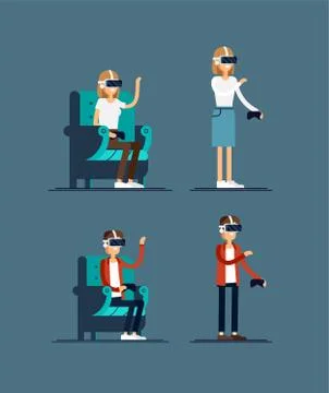 Cool vector concept on virtual reality headset in use. Guy and girl experiences Illustrazione stock