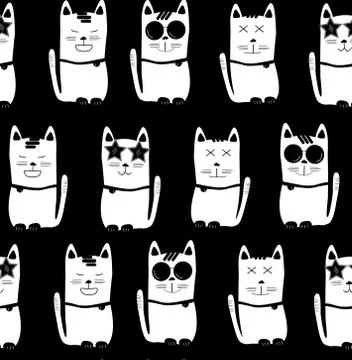 Cool white cats on black background, seamless pattern background Stock Illustration