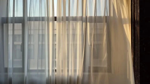 Cool wind breeze through apartment transparent white curtain morning sunlig.. 스톡 동영상 318719511