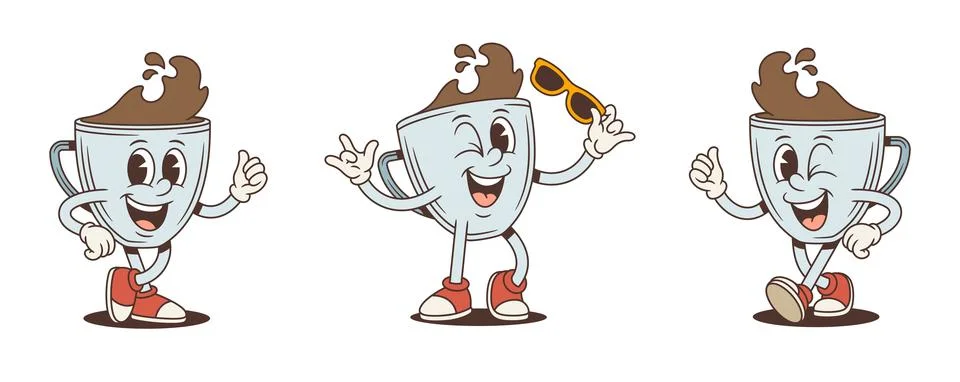 Cool Winking Coffee Cup Cartoon Character Vector Illustration Poses Set Ilustración de archivo