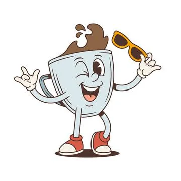 Cool Winking Coffee Cup Rocks On Retro Cartoon Character Vector Illustration Stock Illustration