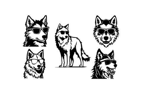 Cool Wolves with Sunglasses Silhouettes. Vector icon. Stock Illustration