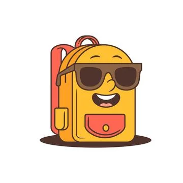 Cool Yellow Cartoon School Backpack Character with Sunglasses and Coral Poc.. Illustrazione stock