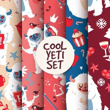 Cool yeti seamless pattern set vector illustration with kind creature with cup Stockillustratie