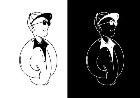 Cool young man portrait in baseball cap and sunglasses standing confidently.. Stock-Illustration