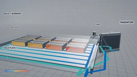 Coolant circulates through a transparent battery pack pump and radiator ligh Video stock 344651564