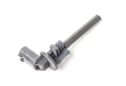 The coolant level sensor is black on a white background with metal elements,  Stock Photos