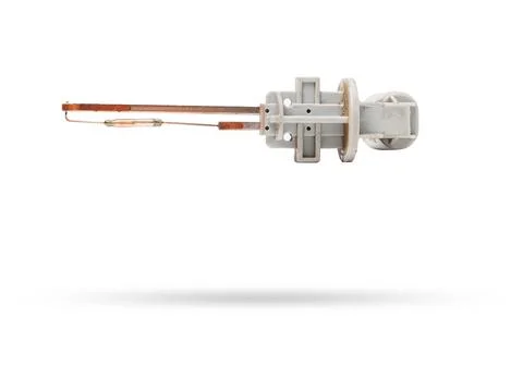 The coolant level sensor is black on a white background with metal elements.. Stock Photos