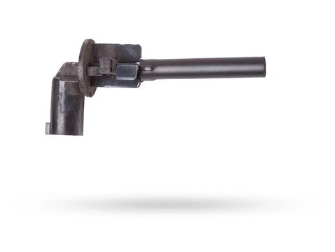 The coolant level sensor is black on a white background with metal elements.. Stock Photos