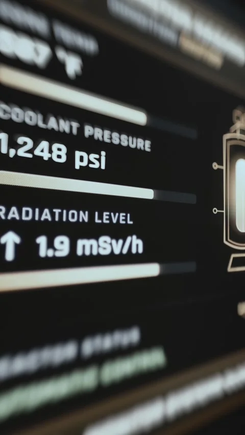 Coolant Pressure And Radiation Level Readouts In Mission Control 4K Stock Footage 341845987