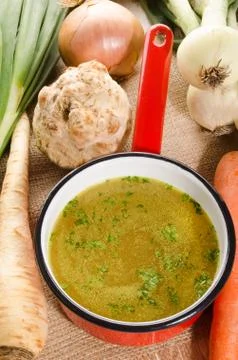 Cooled vegetable stock in a pot Stock Photos