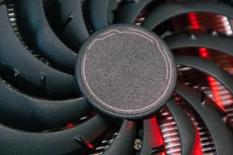 Cooler fan on Gpu graphics card close-up in red Stock Photos