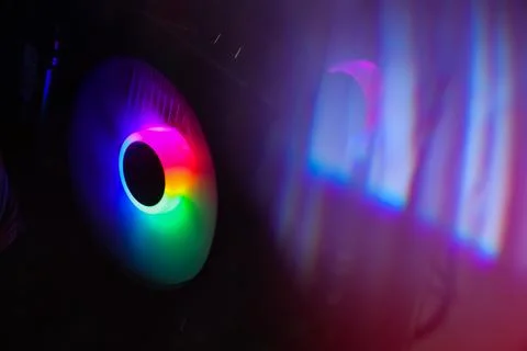 Cooler of processor with neon light. LED Light, CPU Cooler. Computer circuit Stock Photos