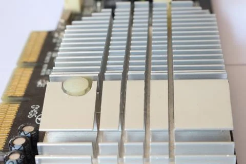 Cooling Board on Computer Graphics Card on White Background. Stock-Fotos