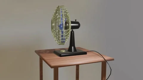 Cooling Breeze: 3D Animated Fan on Wooden Table Interior Stock Footage 332047212