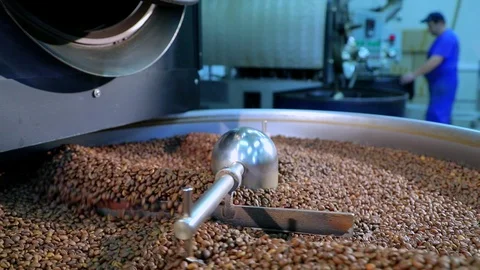 Cooling coffee beans after roasting. Roasting machines in roastery. Slow-motion. Stock Footage 72707780