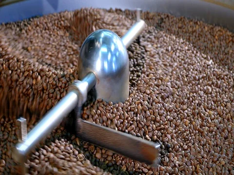 Cooling coffee beans after roasting. Roasting machine. Stock Footage 72730725
