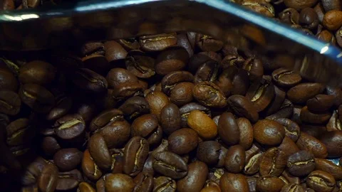 Cooling coffee beans after roasting. Roasting machine, close-up, slow motion Stock Footage 90098758