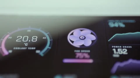 Cooling Dashboard With Temperature Fan Speed And Power Usage Gauges 4K Stock Footage 341357798