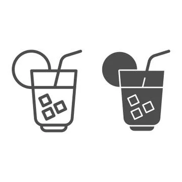 Cooling drink line and solid icon. Cocktail or juice with ice, citrus and straw 스톡 일러스트