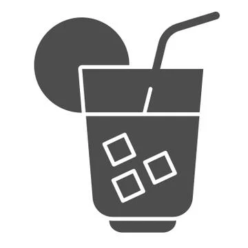 Cooling drink solid icon. Glass of cocktail or juice with ice, citrus and straw Stockillustratie