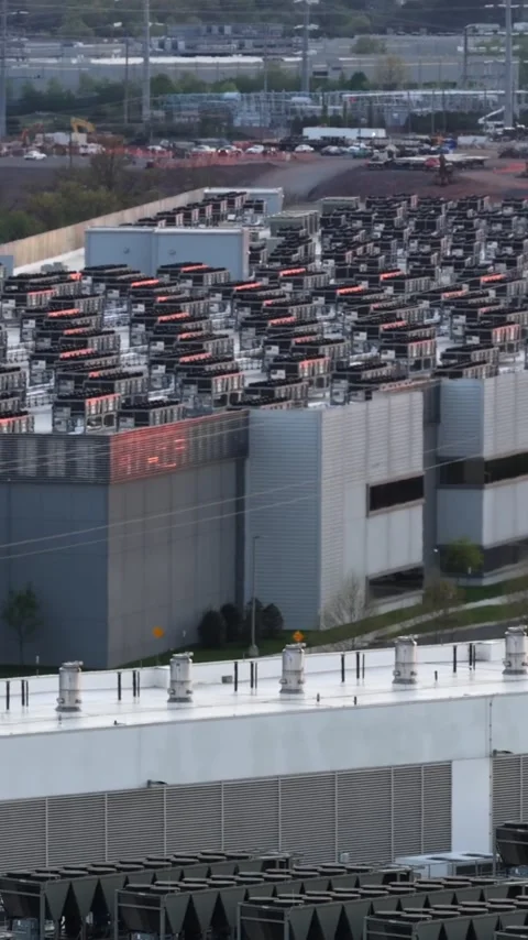 Cooling equipment covers a data center roof in Ashburn, Virginia, the view Stock Footage 345728465
