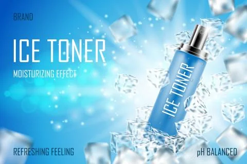 Cooling Ice toner with ice cubes. Realistic frozen refreshing spray bottle Stock Illustration