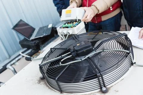 Cooling industrial air conditioning units closeup Stock Photos